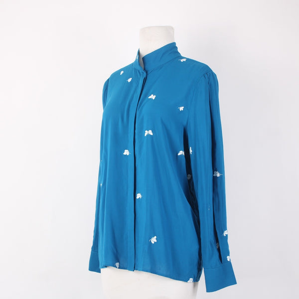 Galeries Lafayette Top NEW Sz 36 Blue White Butterflies Collar 100% Viscose Top