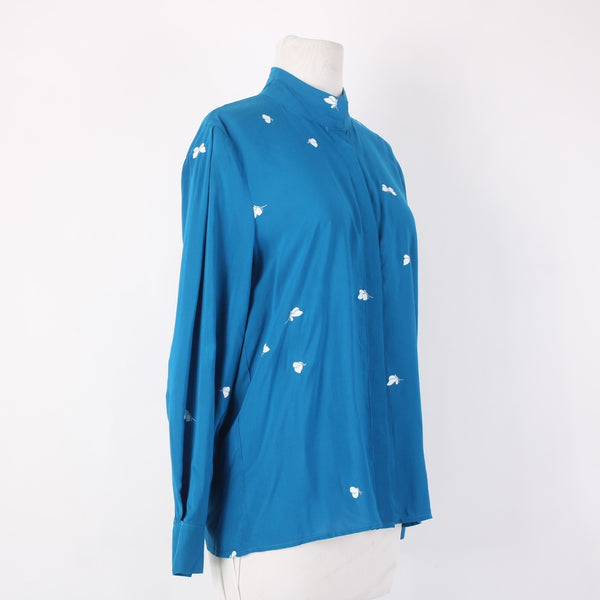Galeries Lafayette Top NEW Sz 36 Blue White Butterflies Collar 100% Viscose Top