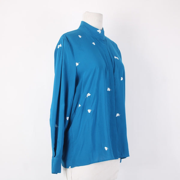 Galeries Lafayette Top NEW Sz 36 Blue White Butterflies Collar 100% Viscose Top