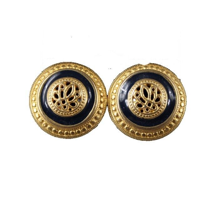Goldtone Navy Filigree Enamel Round 1" Earrings