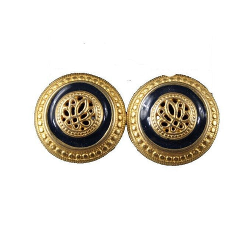Goldtone Navy Filigree Enamel Round 1" Earrings
