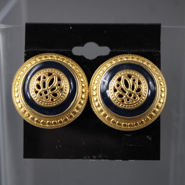 Goldtone Navy Filigree Enamel Round 1" Earrings