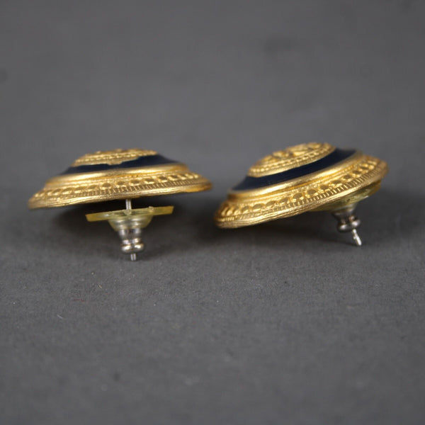 Goldtone Navy Filigree Enamel Round 1" Earrings