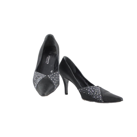 St John Sz 8 B Black Rhinestones Satin Upper Leather Inner AS IS 3" Heels