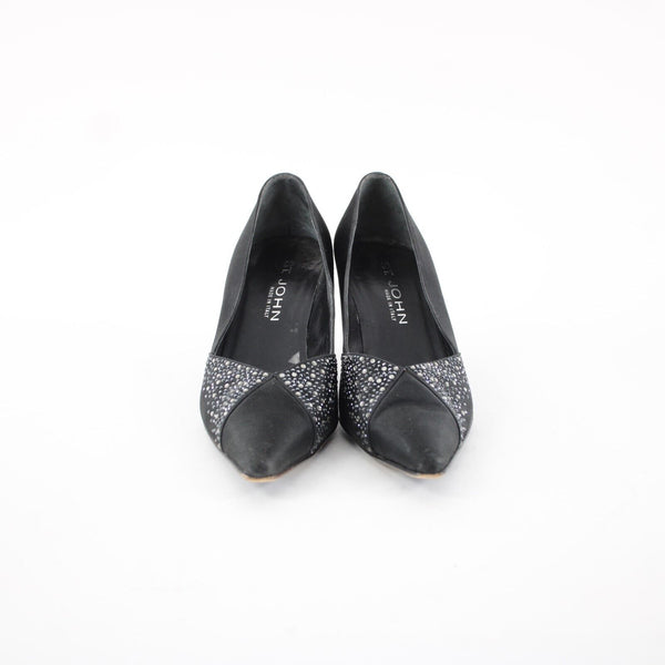 St John Sz 8 B Black Rhinestones Satin Upper Leather Inner AS IS 3" Heels