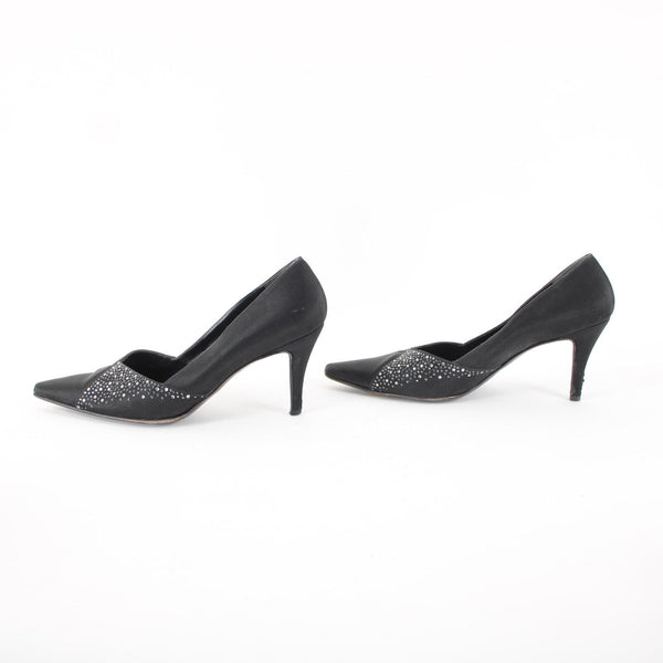 St John Sz 8 B Black Rhinestones Satin Upper Leather Inner AS IS 3" Heels