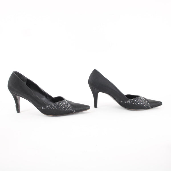 St John Sz 8 B Black Rhinestones Satin Upper Leather Inner AS IS 3" Heels