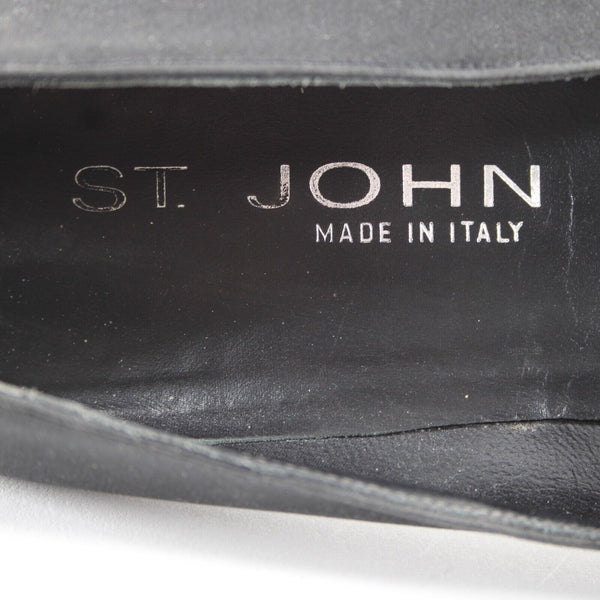 St John Sz 8 B Black Rhinestones Satin Upper Leather Inner AS IS 3" Heels