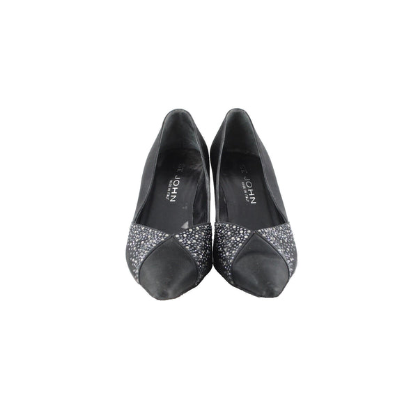 St John Sz 8 B Black Rhinestones Satin Upper Leather Inner AS IS 3" Heels