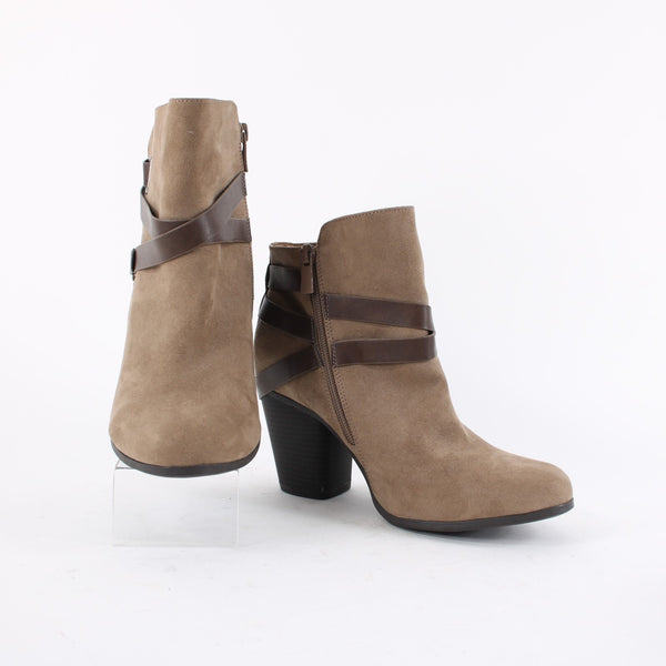 Torrid NEW Sz 10 Wide Tan Faux Suede w Faux Leather Wrap Accent 3" Heel Booties