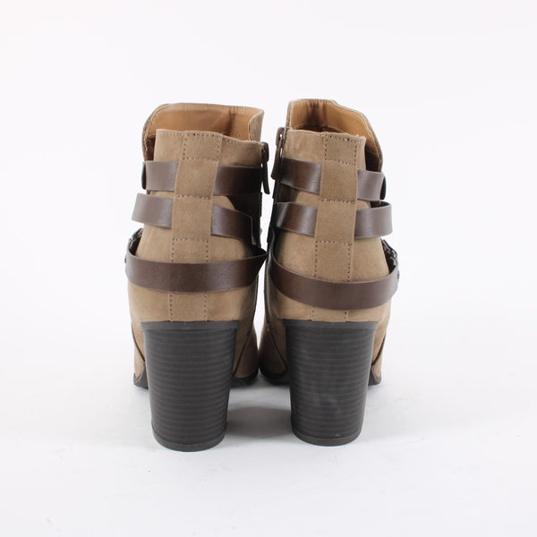 Torrid NEW Sz 10 Wide Tan Faux Suede w Faux Leather Wrap Accent 3" Heel Booties
