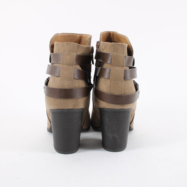 Torrid NEW Sz 10 Wide Tan Faux Suede w Faux Leather Wrap Accent 3" Heel Booties