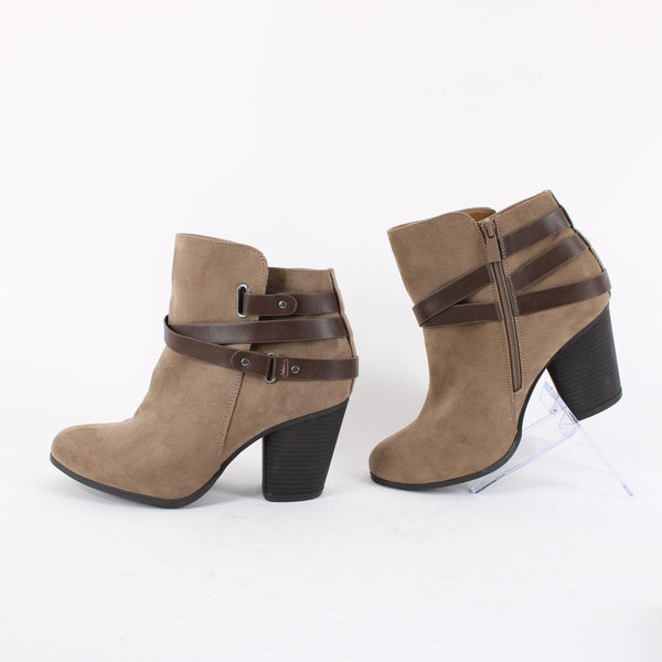 Torrid NEW Sz 10 Wide Tan Faux Suede w Faux Leather Wrap Accent 3" Heel Booties