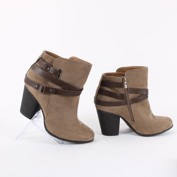 Torrid NEW Sz 10 Wide Tan Faux Suede w Faux Leather Wrap Accent 3" Heel Booties