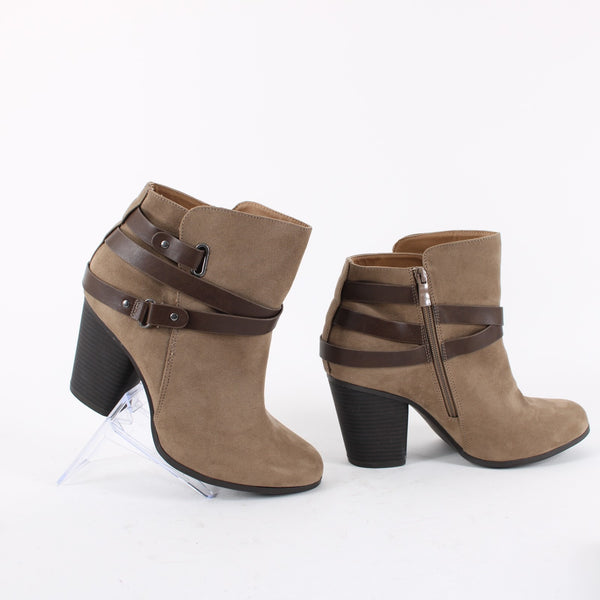 Torrid NEW Sz 10 Wide Tan Faux Suede w Faux Leather Wrap Accent 3" Heel Booties