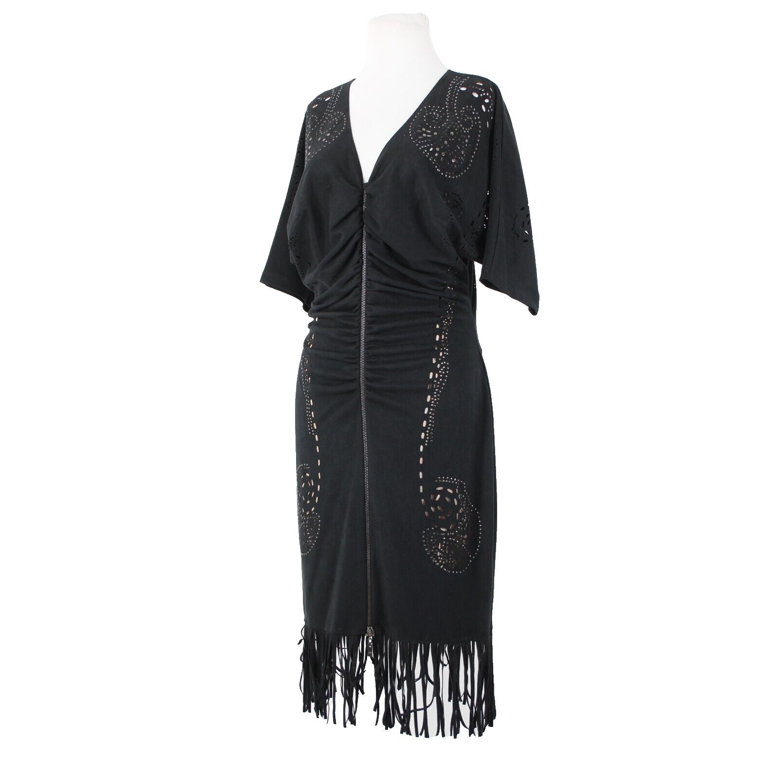 Alberto Makali Sz L Black Tan Studded Eyelets Zipper Detail Poly Fringed Dress