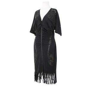 Alberto Makali Sz L Black Tan Studded Eyelets Zipper Detail Poly Fringed Dress