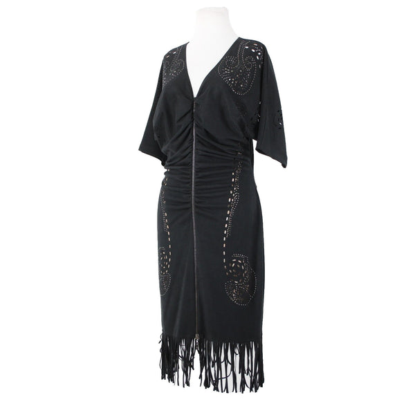 Alberto Makali Sz L Black Tan Studded Eyelets Zipper Detail Poly Fringed Dress