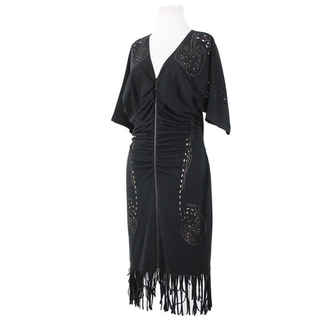 Alberto Makali Sz L Black Tan Studded Eyelets Zipper Detail Poly Fringed Dress
