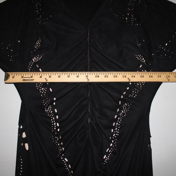 Alberto Makali Sz L Black Tan Studded Eyelets Zipper Detail Poly Fringed Dress