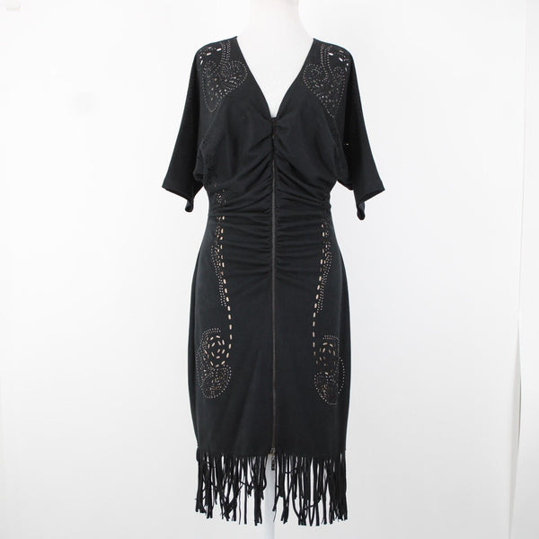 Alberto Makali Sz L Black Tan Studded Eyelets Zipper Detail Poly Fringed Dress