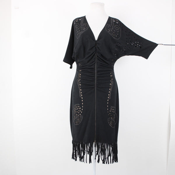 Alberto Makali Sz L Black Tan Studded Eyelets Zipper Detail Poly Fringed Dress