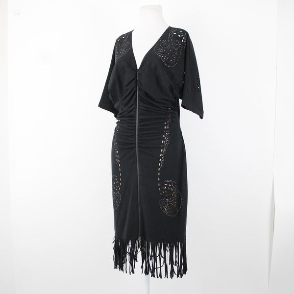 Alberto Makali Sz L Black Tan Studded Eyelets Zipper Detail Poly Fringed Dress