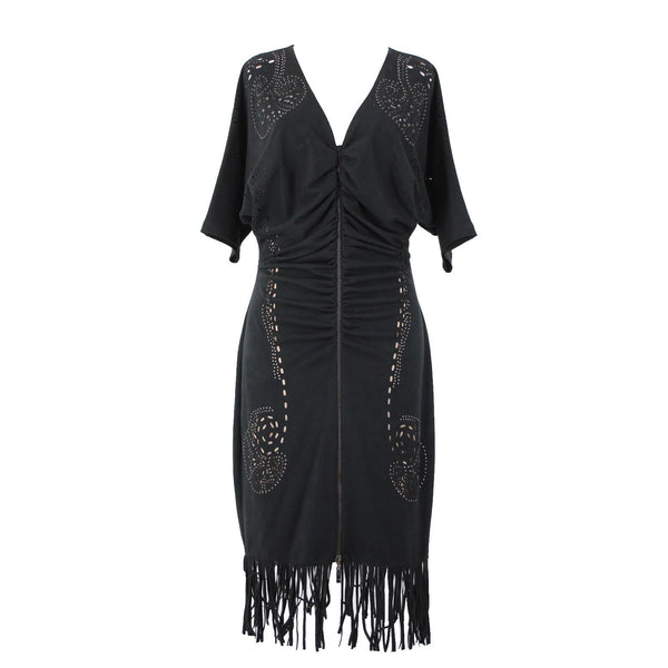 Alberto Makali Sz L Black Tan Studded Eyelets Zipper Detail Poly Fringed Dress