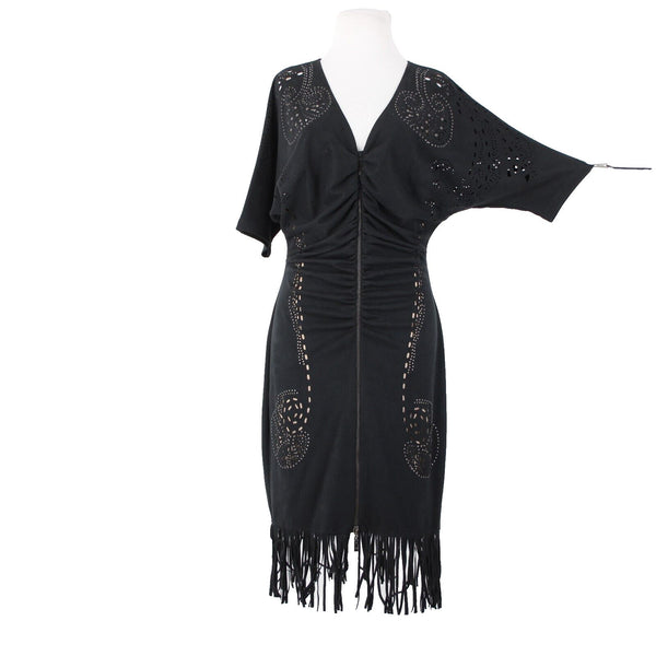 Alberto Makali Sz L Black Tan Studded Eyelets Zipper Detail Poly Fringed Dress