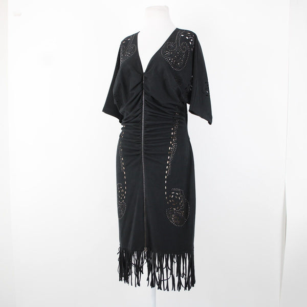 Alberto Makali Sz L Black Tan Studded Eyelets Zipper Detail Poly Fringed Dress
