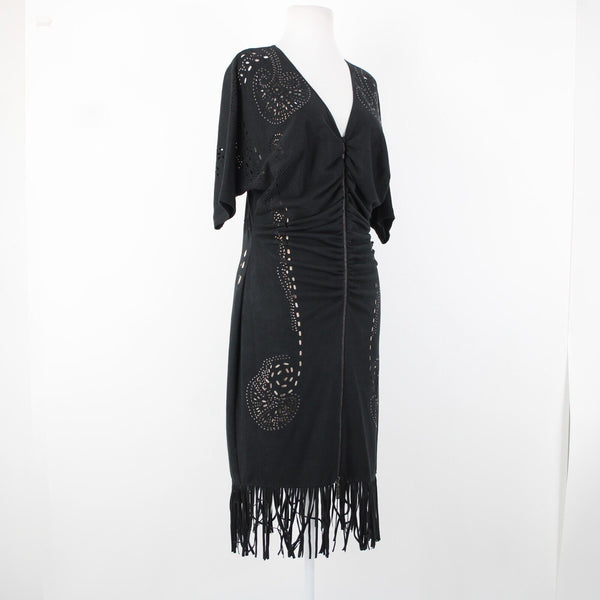 Alberto Makali Sz L Black Tan Studded Eyelets Zipper Detail Poly Fringed Dress