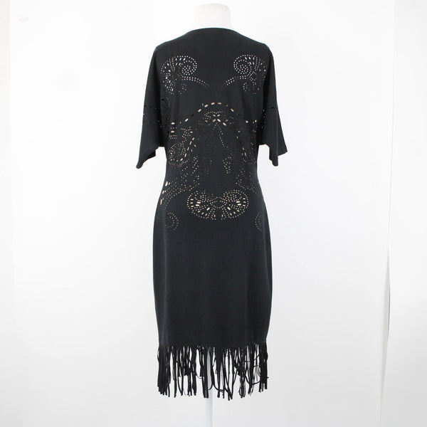 Alberto Makali Sz L Black Tan Studded Eyelets Zipper Detail Poly Fringed Dress