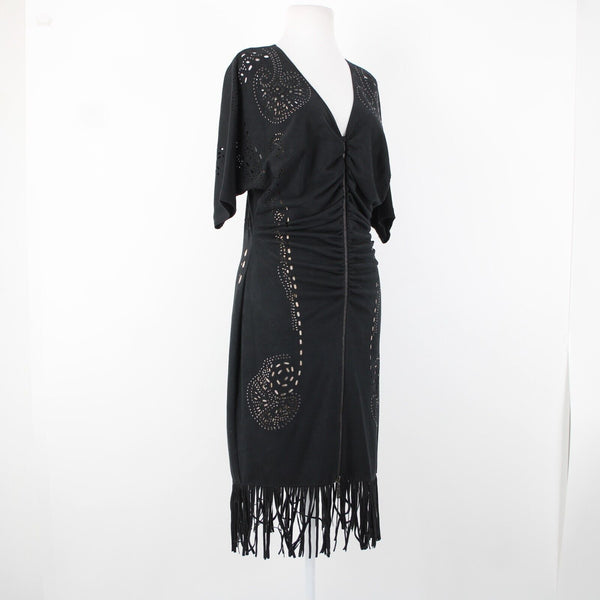 Alberto Makali Sz L Black Tan Studded Eyelets Zipper Detail Poly Fringed Dress