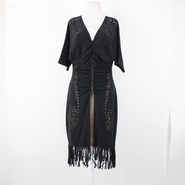 Alberto Makali Sz L Black Tan Studded Eyelets Zipper Detail Poly Fringed Dress