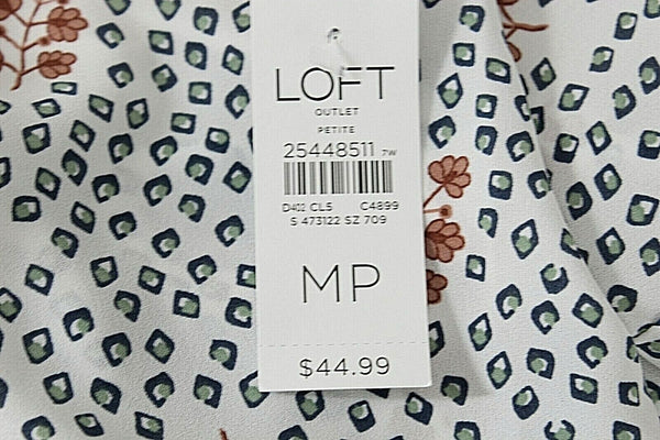 LOFT NEW $45 Sz MP White Brown Blue Multi Poly Front Rayon Back Top