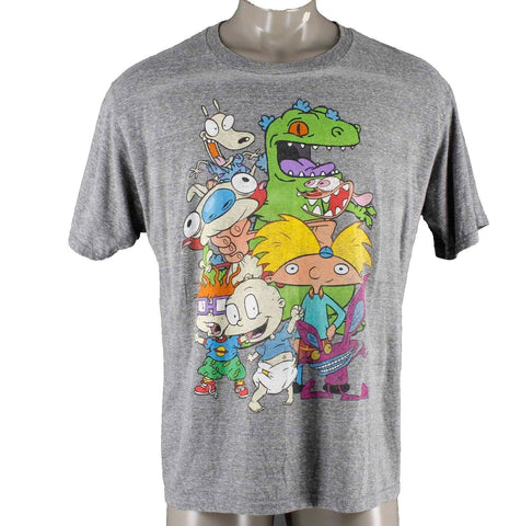 Nickelodeon Sz XL Gray Yellow Multi 1990's Cartoon Characters Poly Blend T Shirt