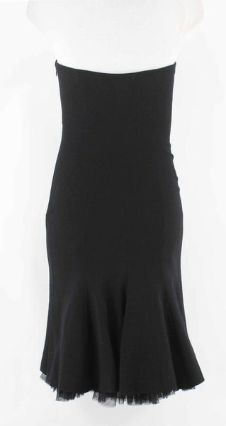 Moschino Sz 8 US Black Crepe Tulle Slip Strapless 100% Wool Fit Flare Dress