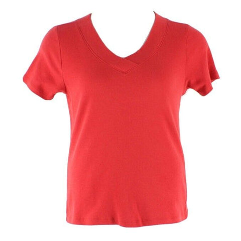 Carole Little Sz L Red V Neck Cotton Casual Tee Shirt Top