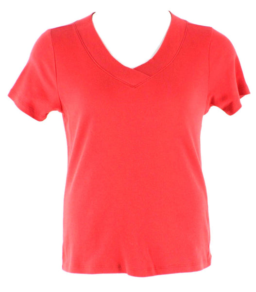Carole Little Sz L Red V Neck Cotton Casual Tee Shirt Top