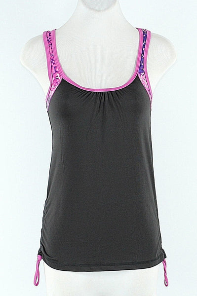 Aviva Sz S Black Purple Multi Adj Ruched Polyester Spandex Activewear Top