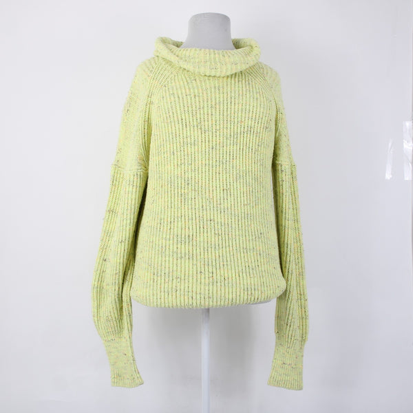 Free People Sweater Sz M Green Multi Colored Cowl Neck Knit Cotton Sweater