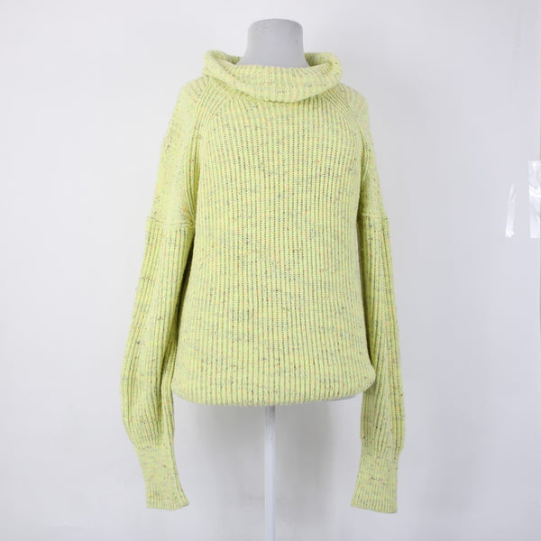 Free People Sweater Sz M Green Multi Colored Cowl Neck Knit Cotton Sweater