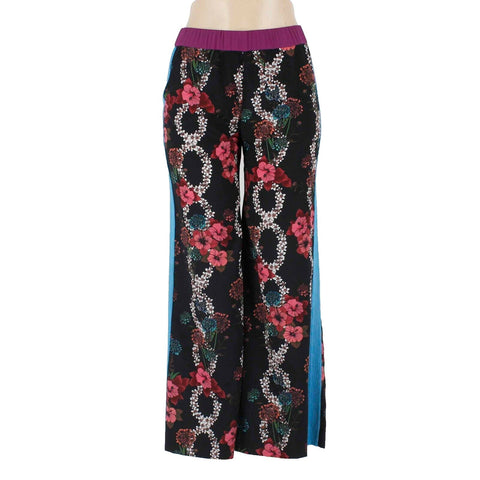 Sandro Paris Sz 5 x 27 Black Multi Side Zip Stripe Floral Poly Woven Pant