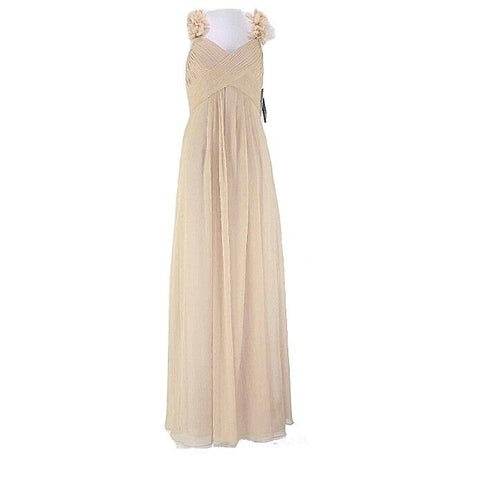 Bari Jay NEW $250 Sz 10 Nude Tan Sheer Poly Pleated Bodice Rosettes Dress