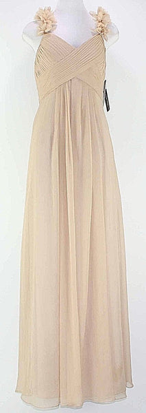 Bari Jay NEW $250 Sz 10 Nude Tan Sheer Poly Pleated Bodice Rosettes Dress