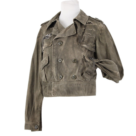 London Jean Sz M Olive Green Rhinestones Distressed Pockets 100% Cotton Jacket