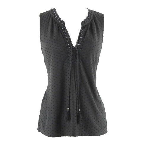 DR2 Sz XS Black Lace Trim Texture Split Side Tassel Tie Neck Poly Rayon Top