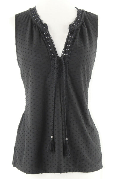 DR2 Sz XS Black Lace Trim Texture Split Side Tassel Tie Neck Poly Rayon Top