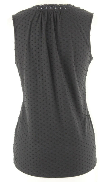 DR2 Sz XS Black Lace Trim Texture Split Side Tassel Tie Neck Poly Rayon Top