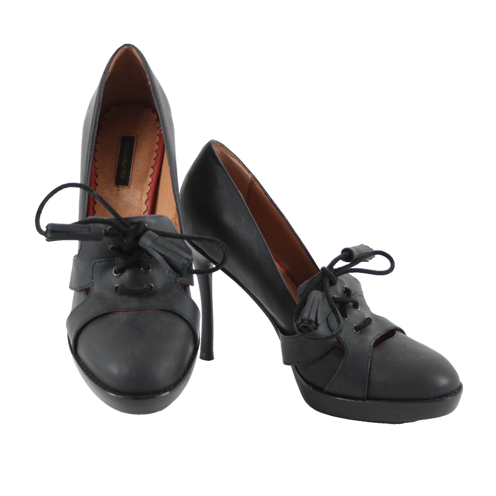 Diesel Black Gold Sz 39 Black Tie Detail Closed Toe Leather 4.5" Heels